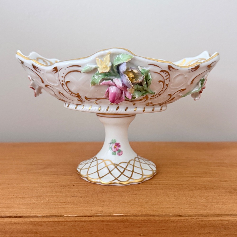 Antique Dresden Pedestal Dish Bowl Compote Carl Thieme Applied Flowers Footed
